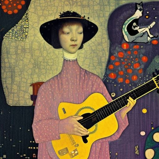 Girl Playing Guitar in Chaotic Collage Art Style