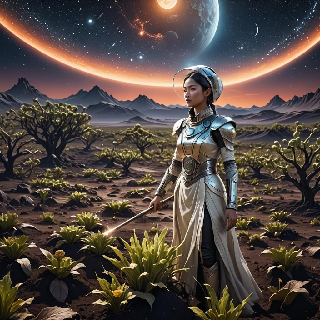 Lunar Farmer Tending to Crops on the Moon