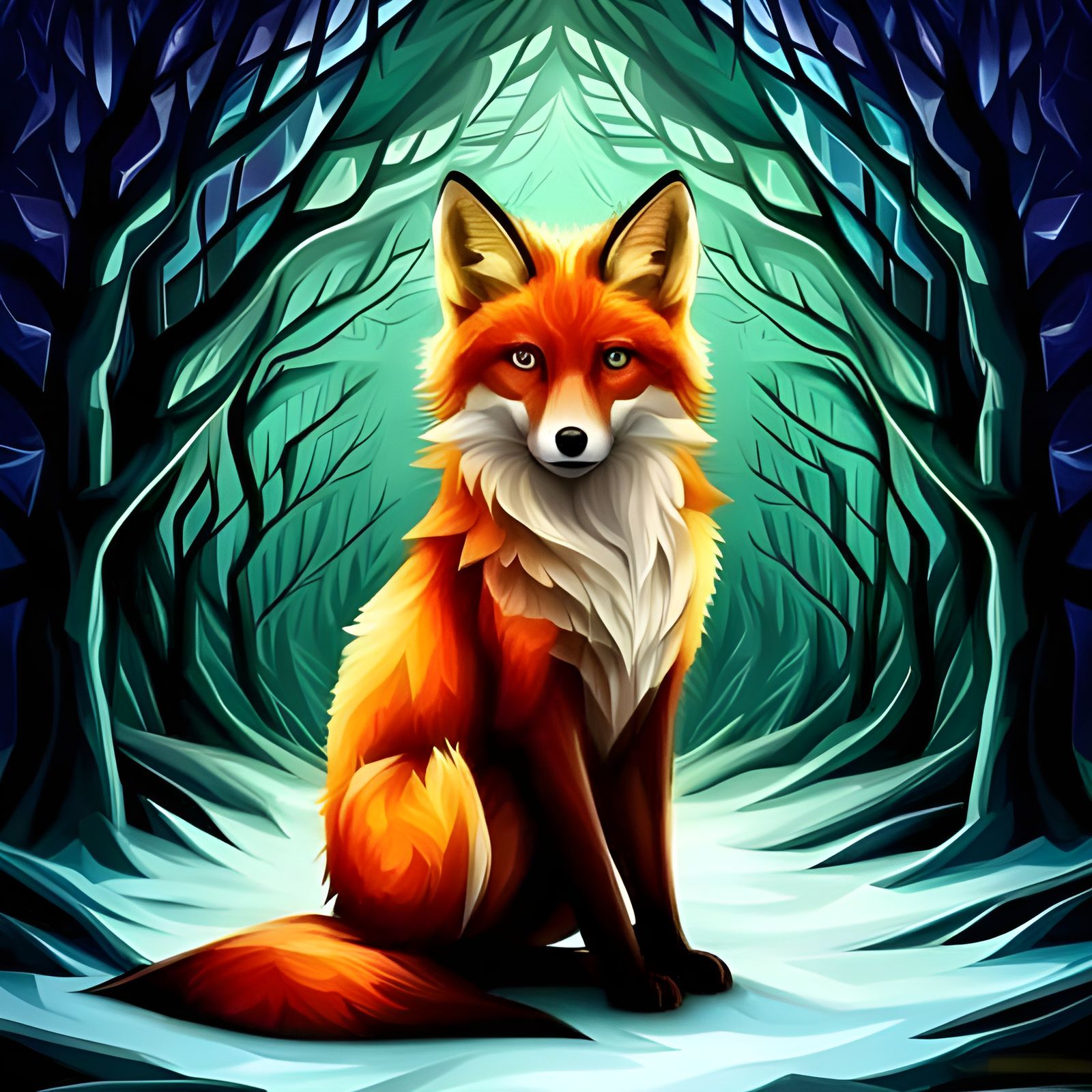 Fox in Fractal Polygon Winter Wonderland