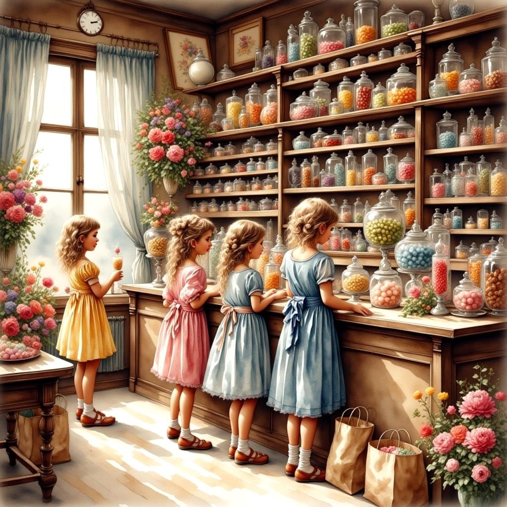 Old-Fashioned Candy Shop in Antique Watercolor Style