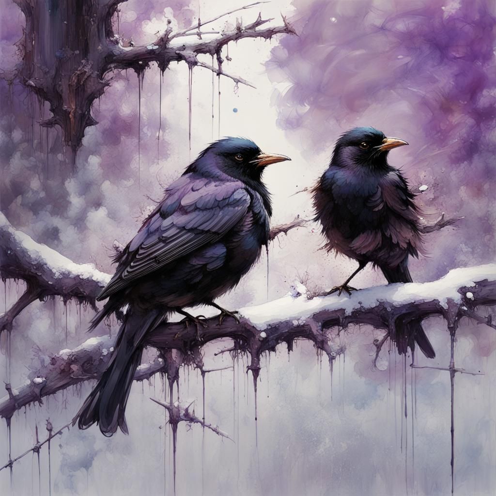 Blackbirds on Snowy Branch, Textured Speedpaint Fine Art