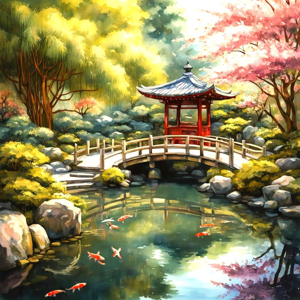 Serene Japanese Tea Garden in Watercolor Style