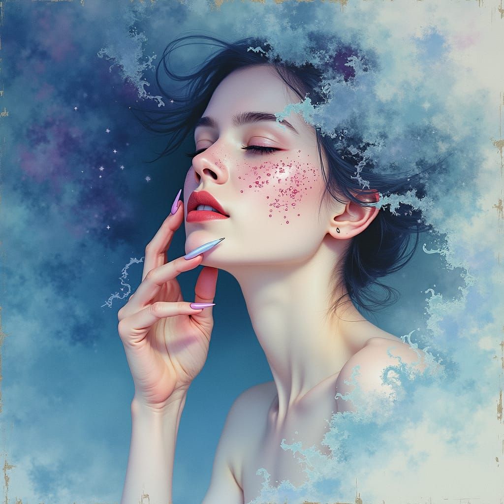 Ethereal Woman with Calligraphy in Watercolor Style