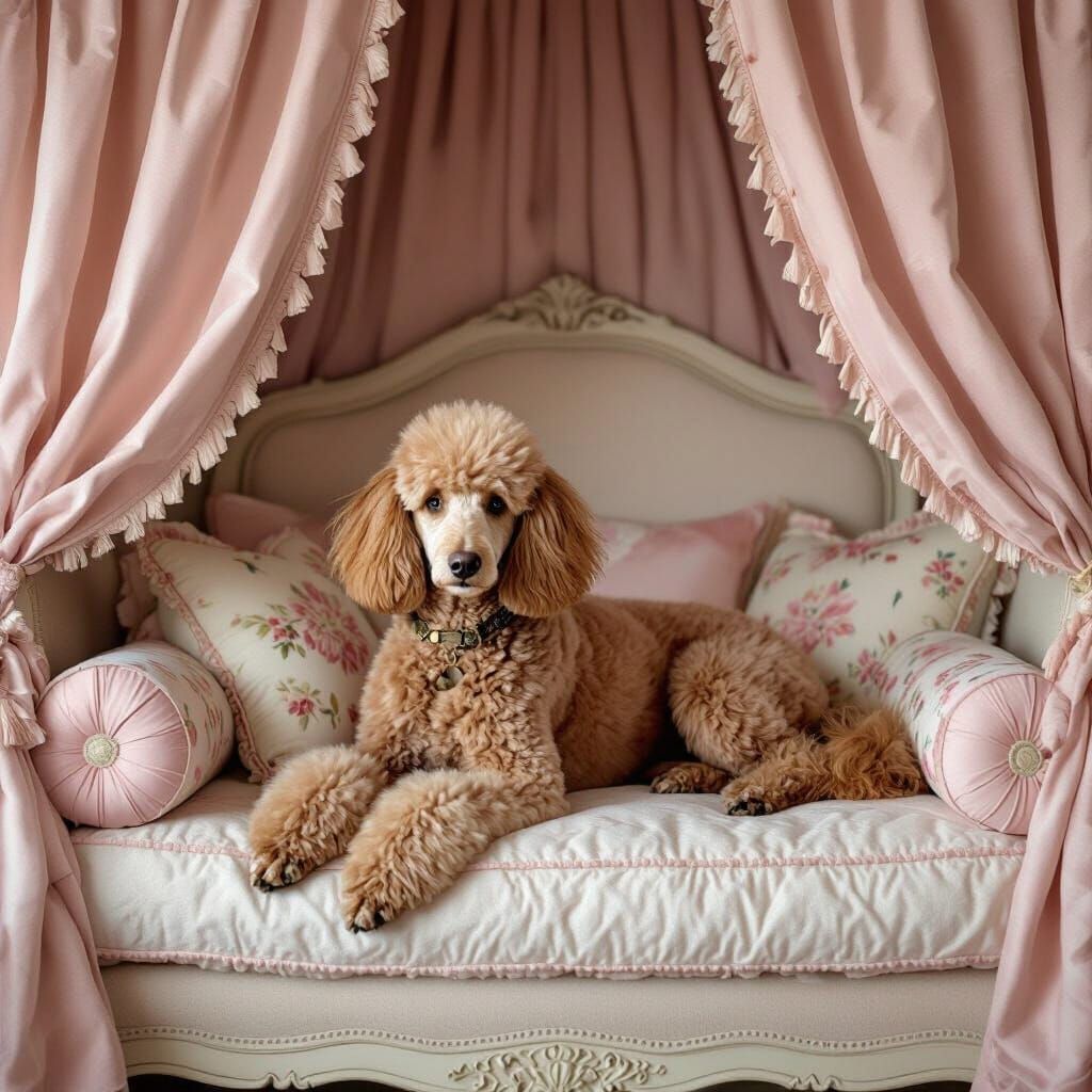 Elegant Poodle on French Provincial Daybed in Romantic Paint...