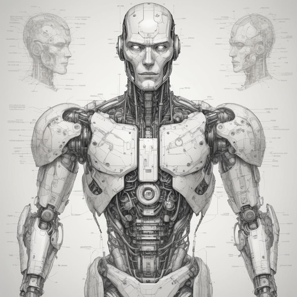 Cyborg Robot Man in Technical Drawings