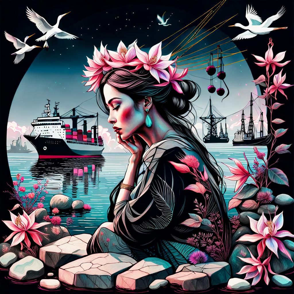 Art Deco Girl by the Sea with Fuchsias