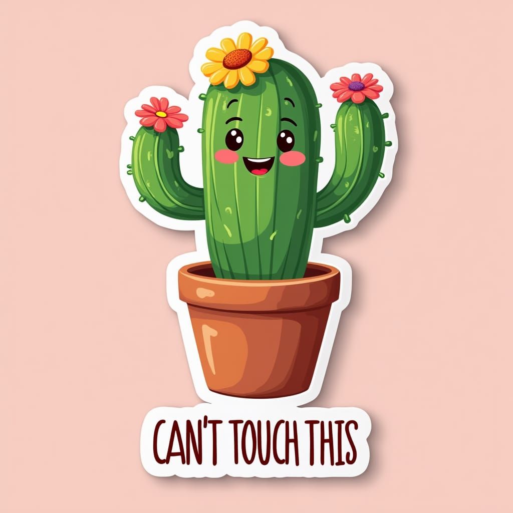 Cheerful Cartoon Cactus with Flowers and Slogan