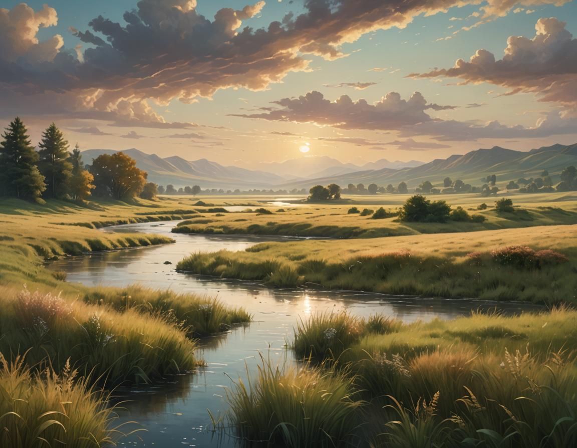 Serene River in Vast Grassland: Dreamy Digital Landscape