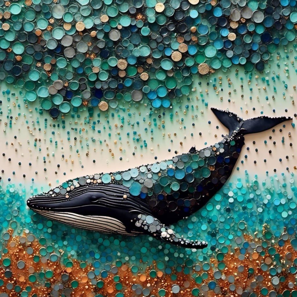 <lora:Circuitous:1.0> Dramatic Textured Dimensional Crinkle Tissue alcohol ink Humpback_Whale swimming in the Ocean back...
