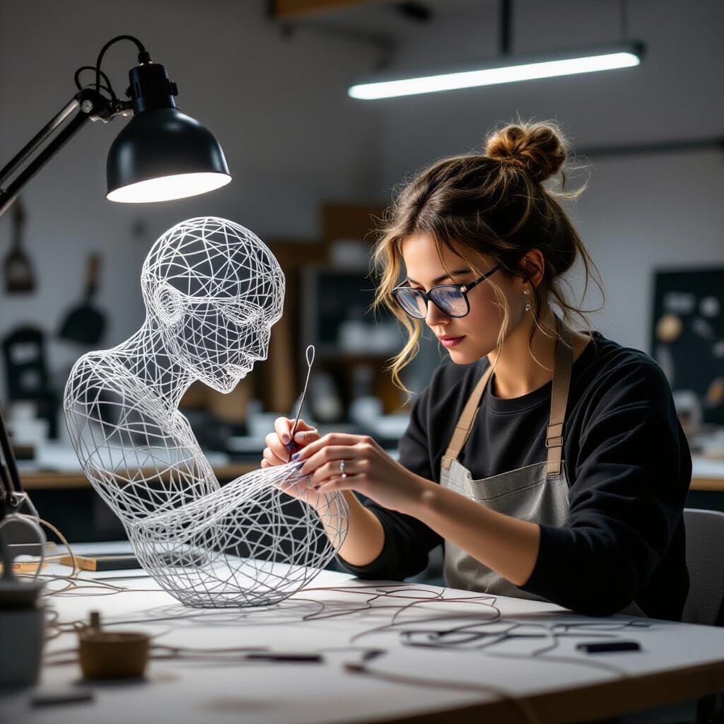 Woman Sculpting Intricate Wire Art in Studio