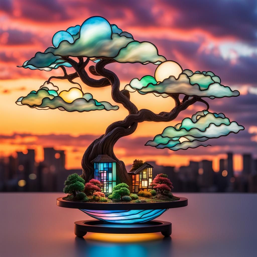 Luminous Stained Glass Bonsai City in Sunset Clouds