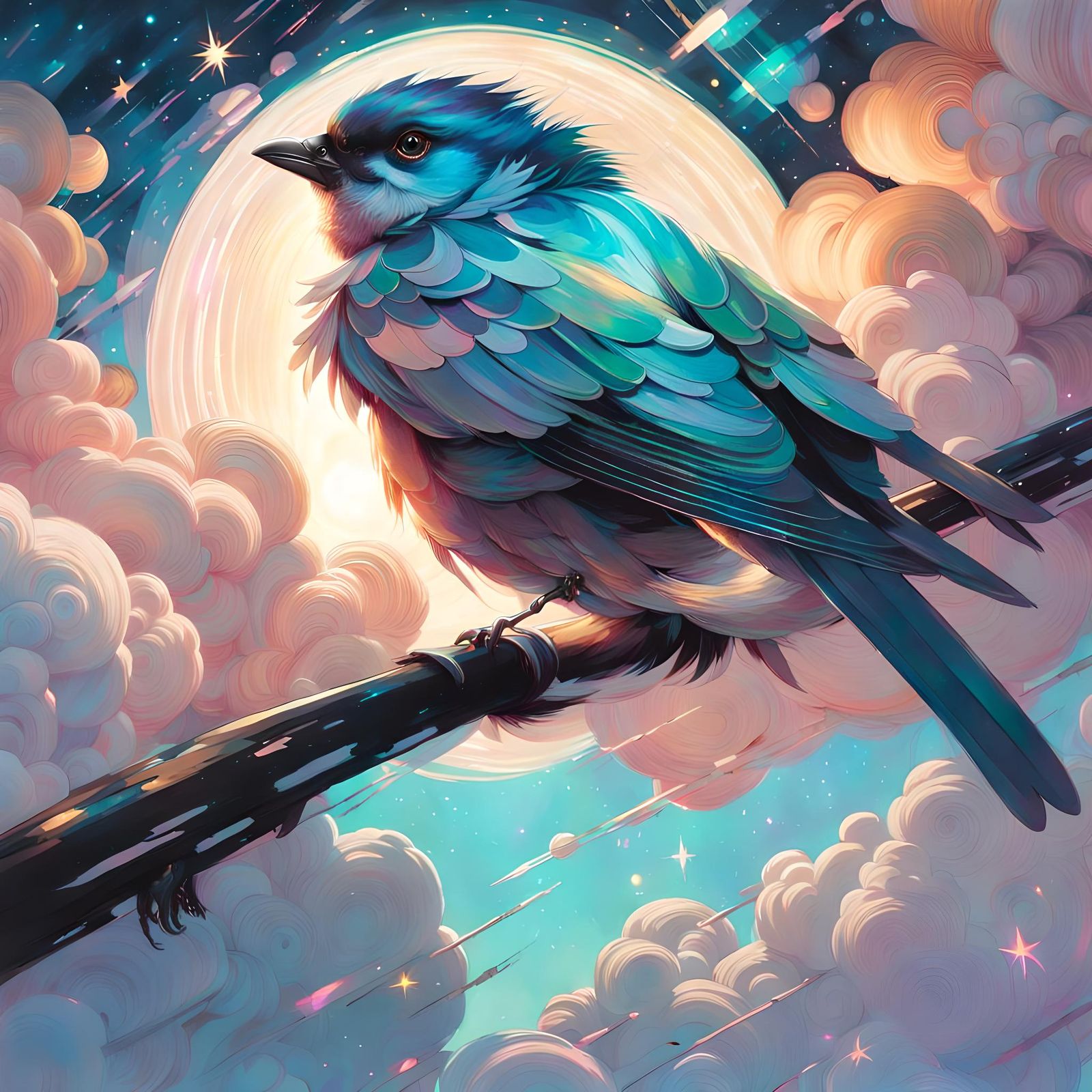 Iridescent Celestial Bird Flying in Sunny Sky