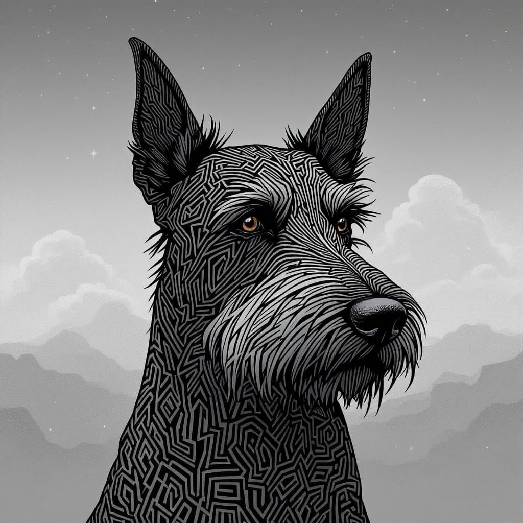 Geometric Guardian in Surreal Grayscale Landscape