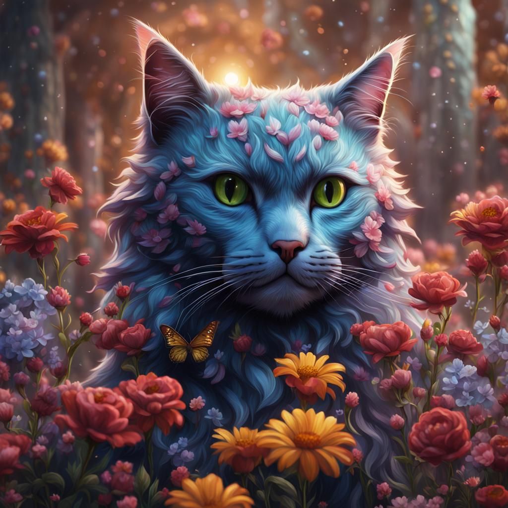 Cat Holding Flowers: Detailed Fantasy Concept Art