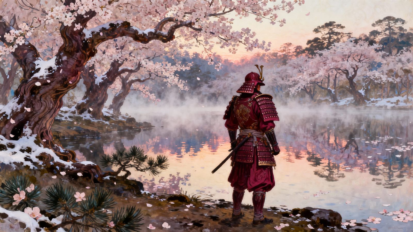 Samurai Warrior at Serene Lake at Dawn
