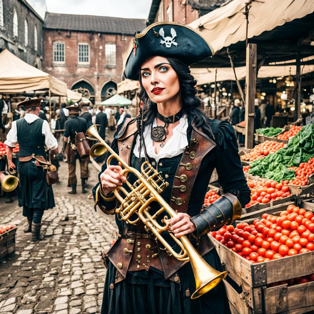 Steampunk Pirate Trumpeter in Market Scene