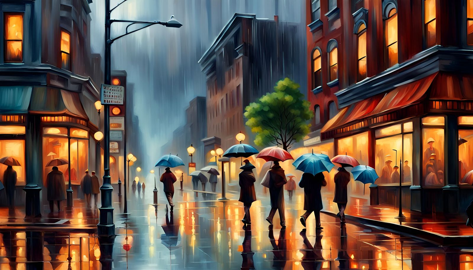 Rainy City Street Scene in Film Noir Style