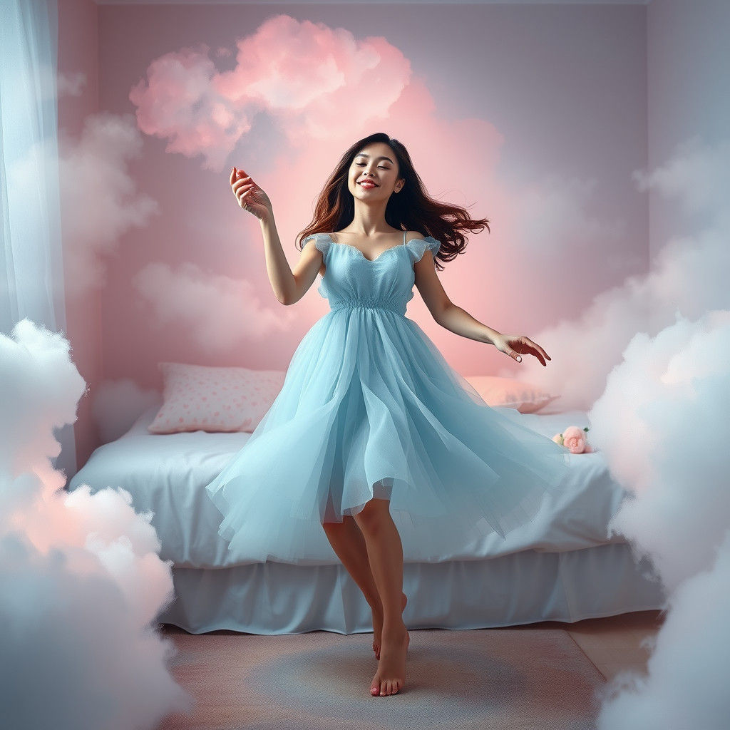 Ethereal Woman Dancing in Dreamy Pastel Bedroom
