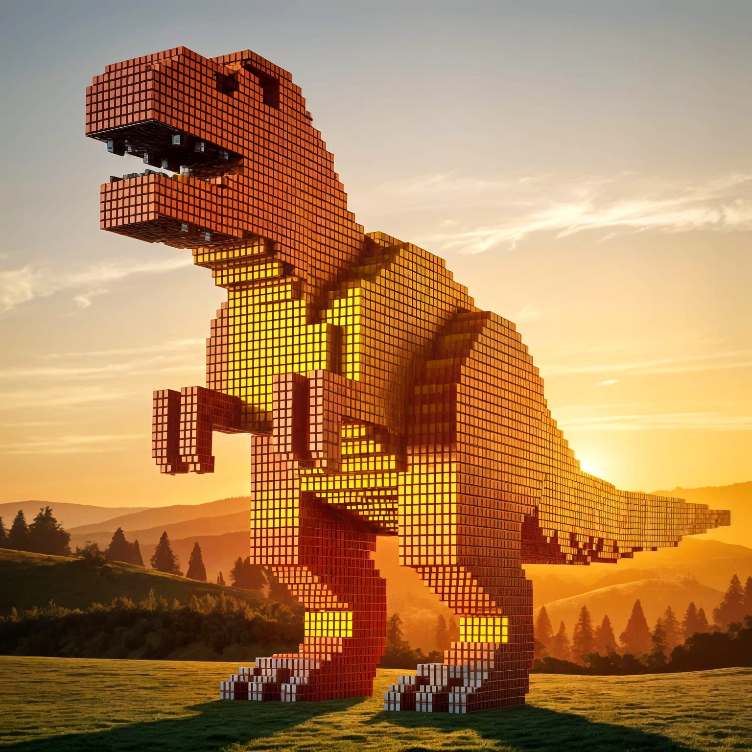 Colossal Cubist Dinosaur Under Golden Sunset