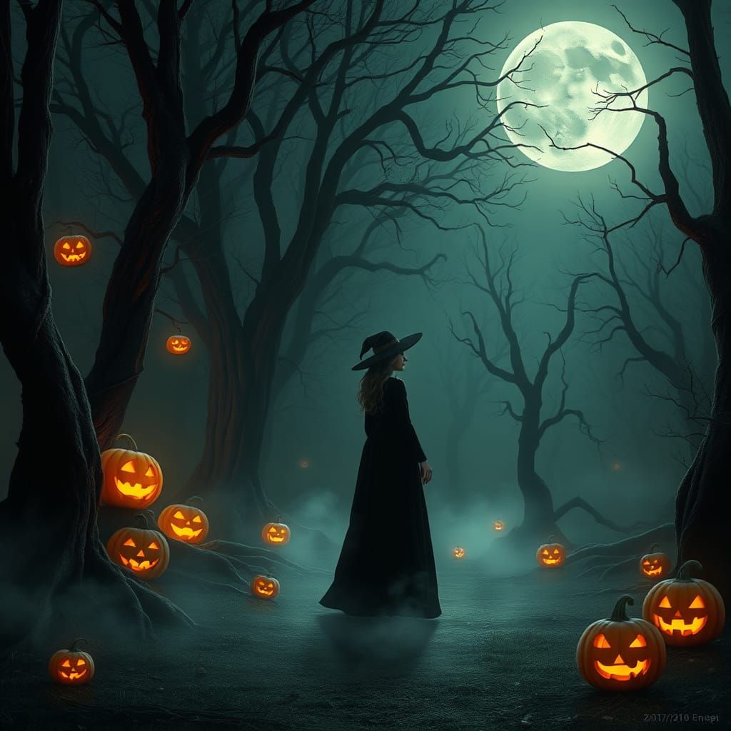 Eerie Witch Under Full Moon in Dark Fantasy Style