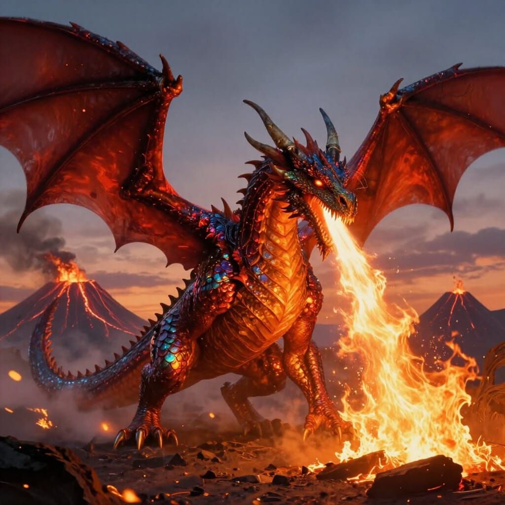 Majestic Dragon Breathes Fire in Volcanic Landscape