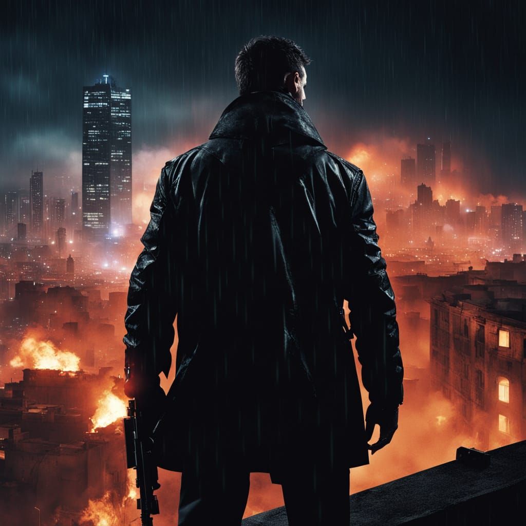 Charismatic Assassin Stands on Rooftop, Neon City at Night