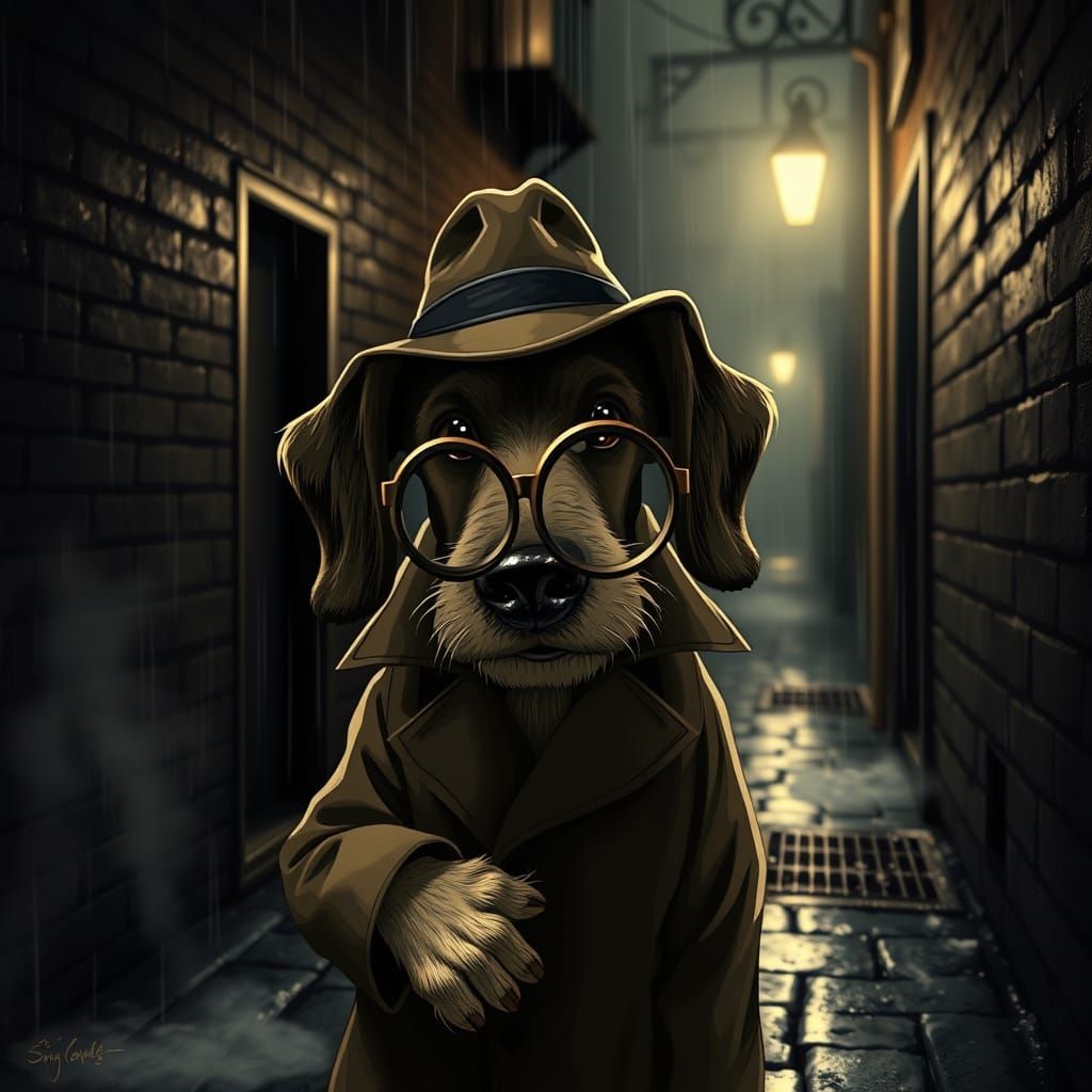 Detective Hound in Noir Alleyway with Magnifying Glass