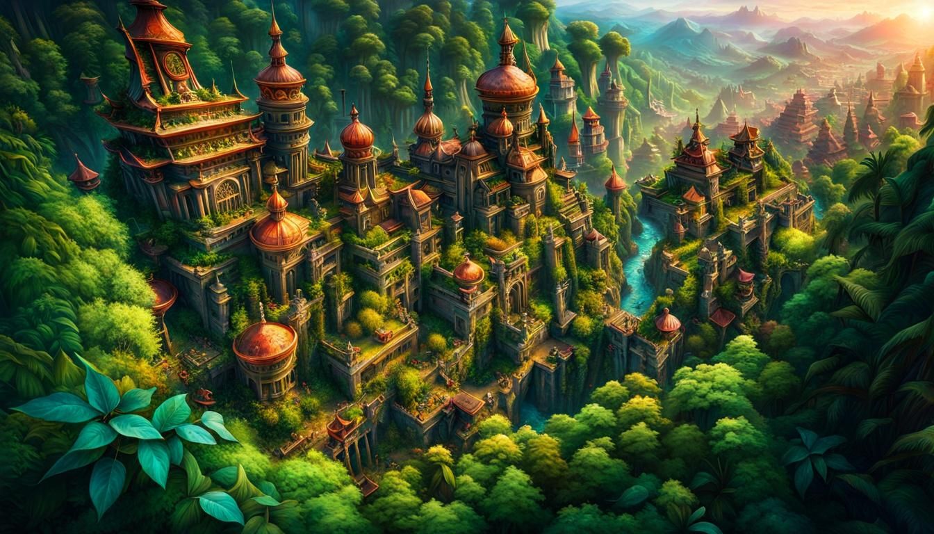 Raypunk City Half-Buried Under Forest, Overhead View