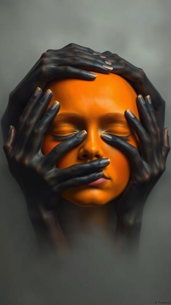 Surreal Orange Figure Enveloped by Hands in Soft, Powdery Hu...