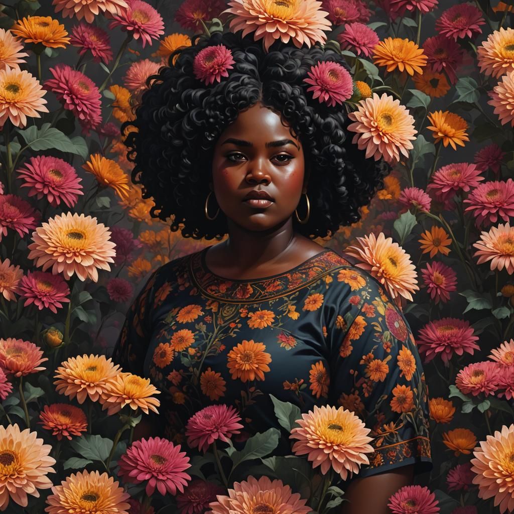 Vibrant Portrait of a Black Girl with Chrysanthemums