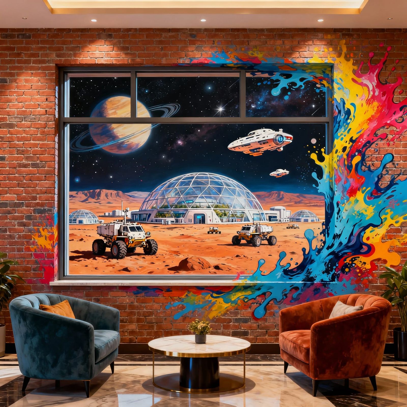 Futuristic Martian Hotel Lobby with Trompe l’Oeil Art