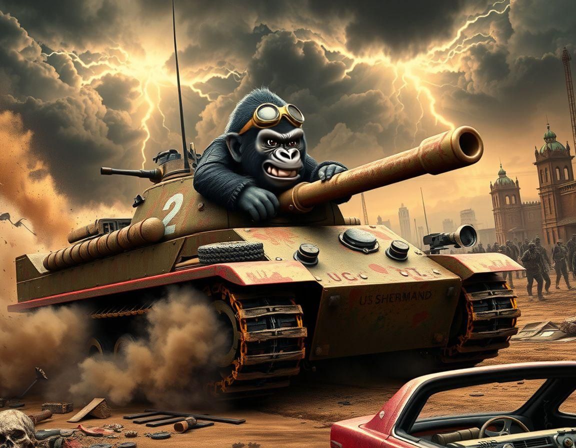 Chibi Gorilla Drives Tank in Apocalyptic Wasteland