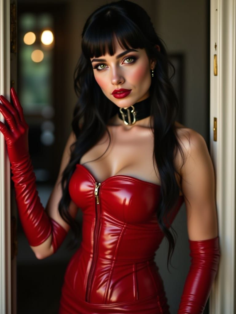 Photorealistic British Woman in Red Latex Dress