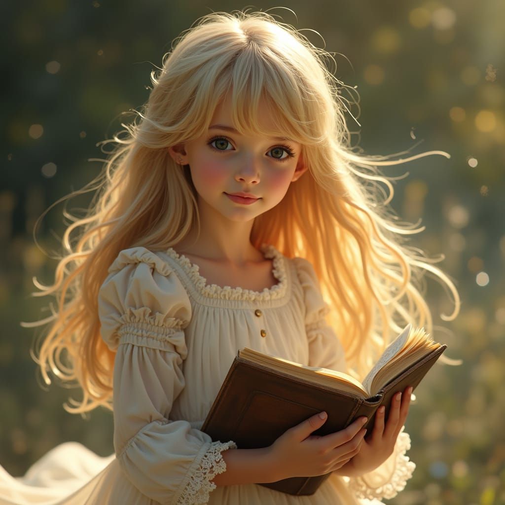 Girl with Book in Ethereal Pre-Raphaelite Style