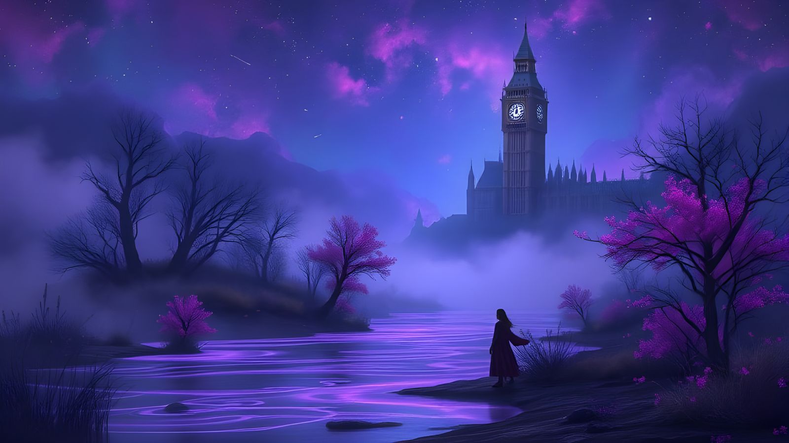 Surreal Night Landscape with Purple River