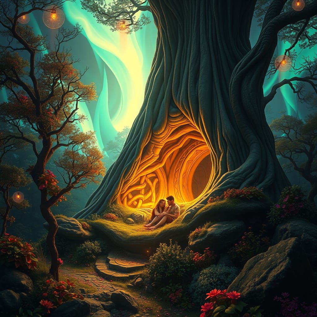 Surrealist Dreamscape with Celtic Patterns and Auroras