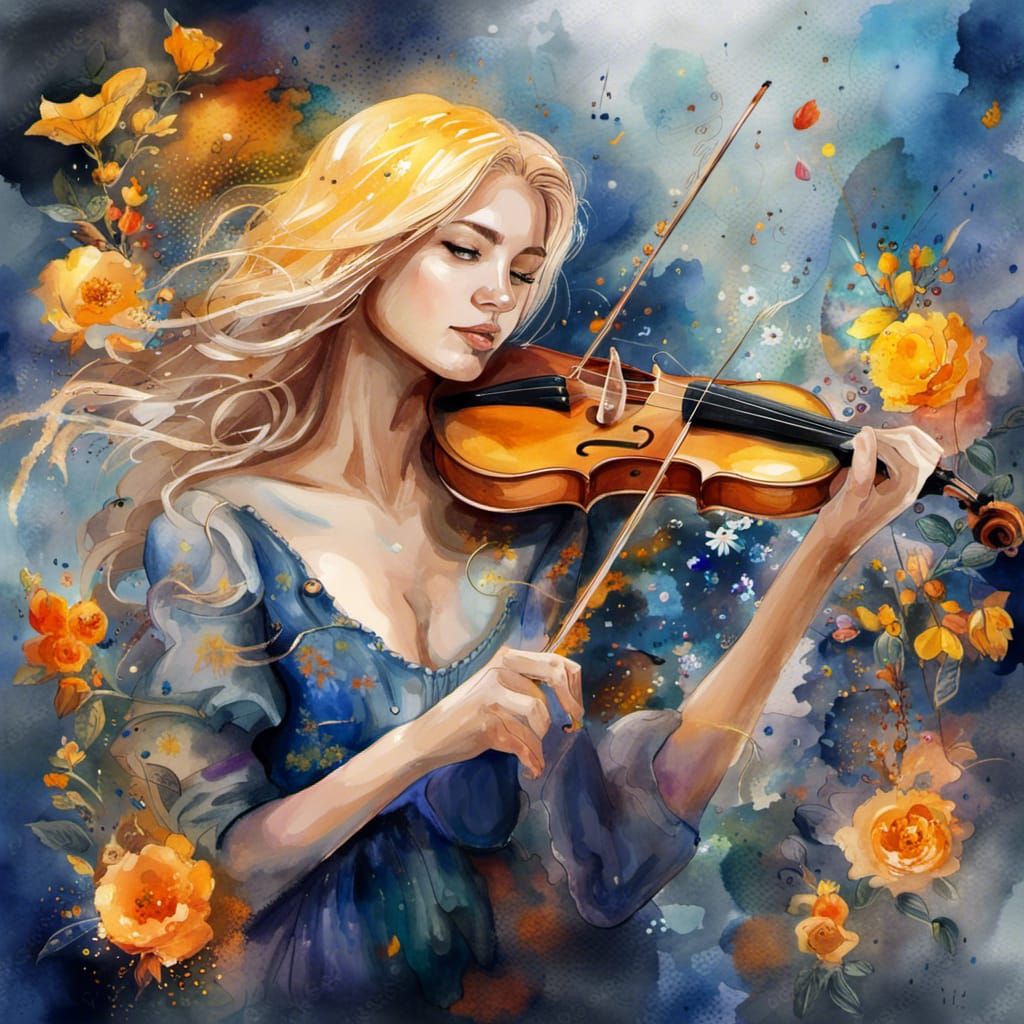 Golden-Haired Woman Playing Violin in Aquarelle Style