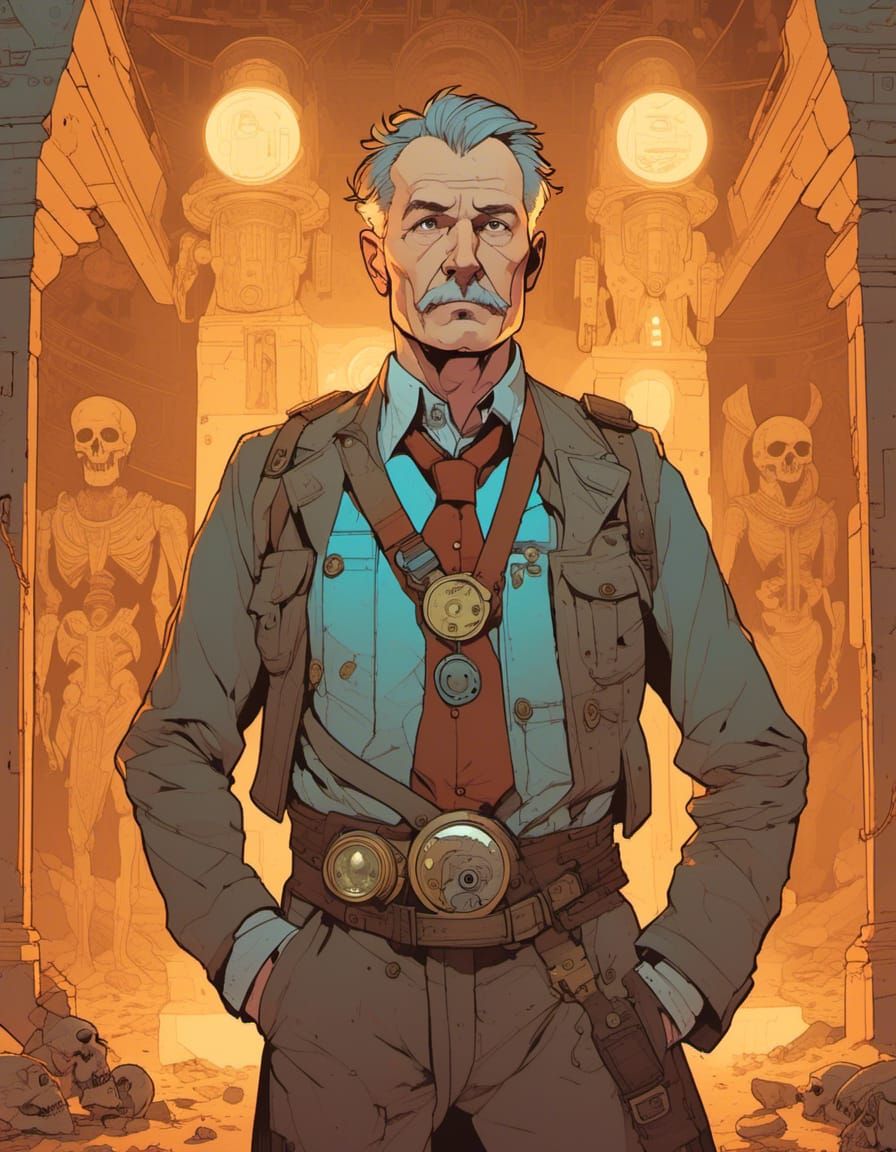 Steampunk Archaeologist in Cyberpunk Egyptian Tomb