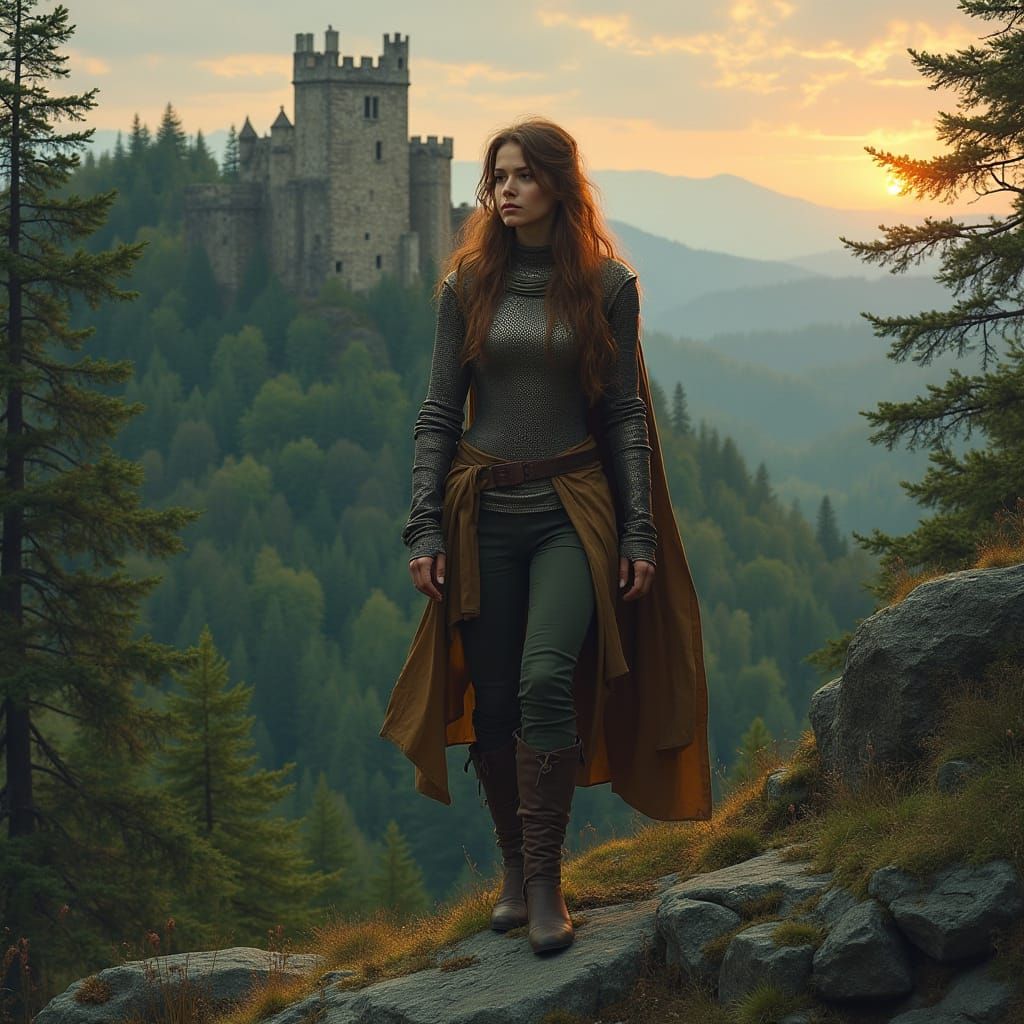 Brown-Haired Woman Stands Resolute on Moss-Covered Outcroppi...