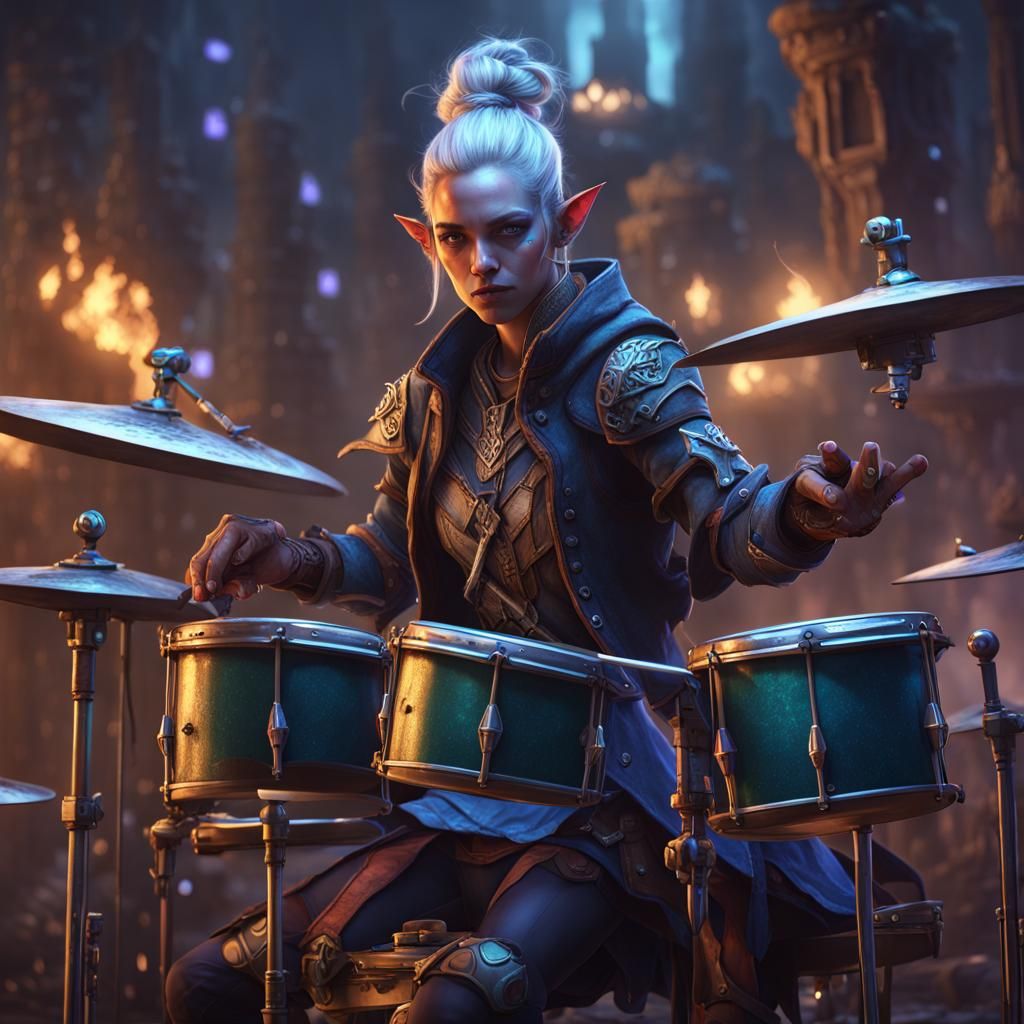 Cyberpunk Elf Bard Drummer, Detailed Digital Art
