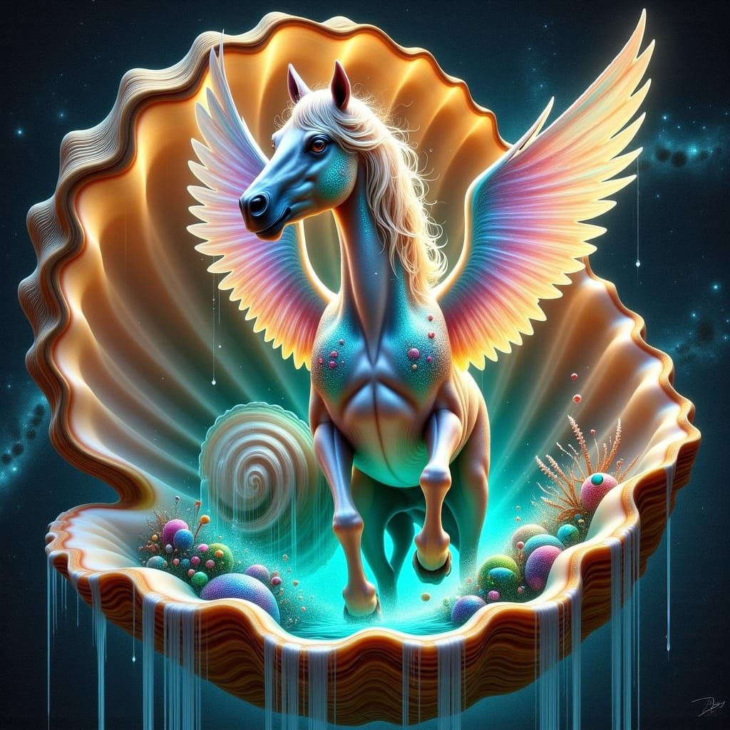 Ethereal Pegasus Emerges from Cosmic Seashell