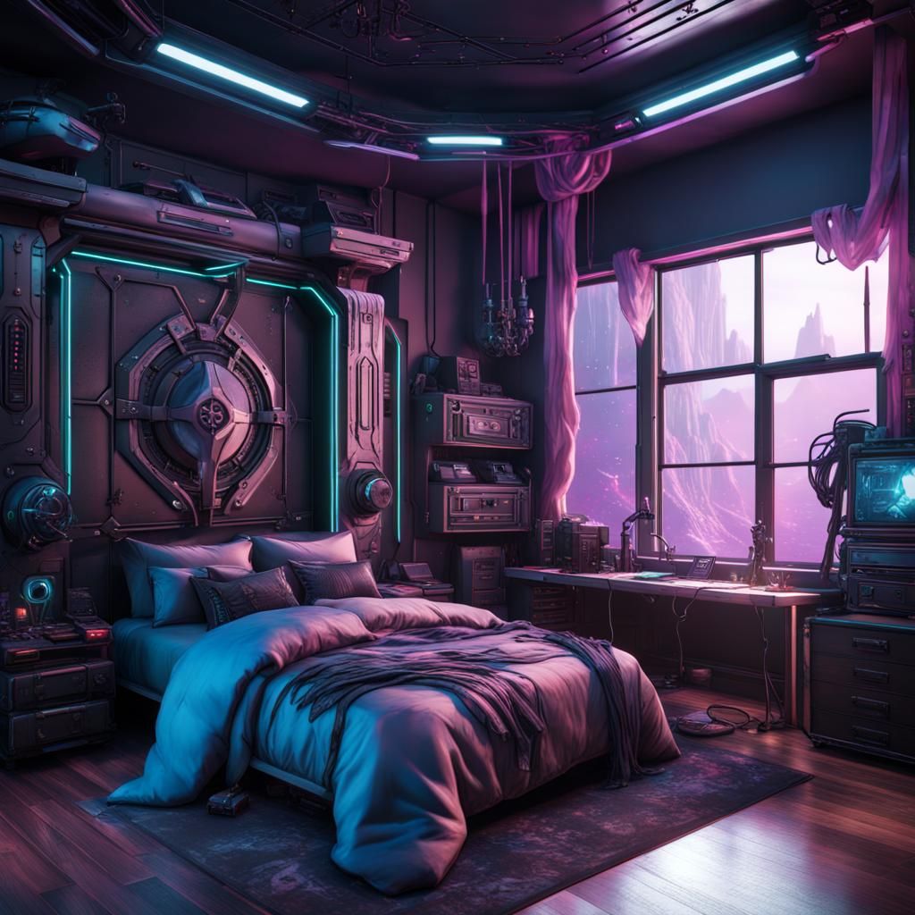 Cyber Goth Bedroom in Detailed Matte Painting Style