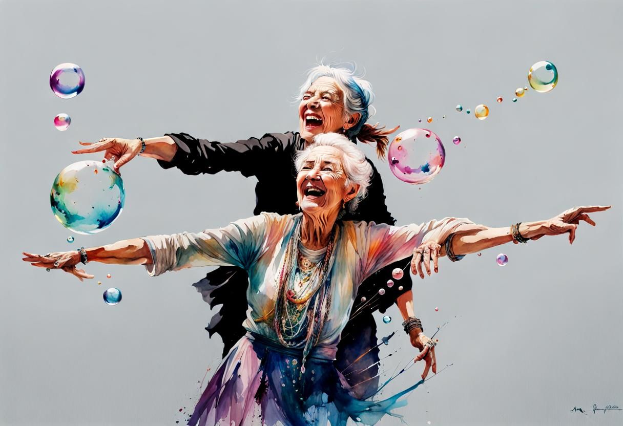 Joyful Old Women Playing in Stylized Watercolor