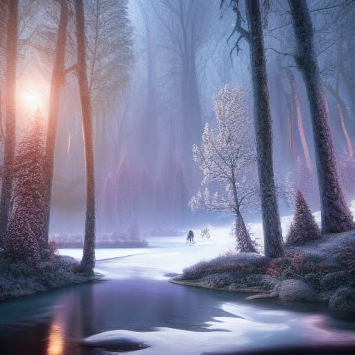 Winter Forest River Night Scene in Matte Painting Style