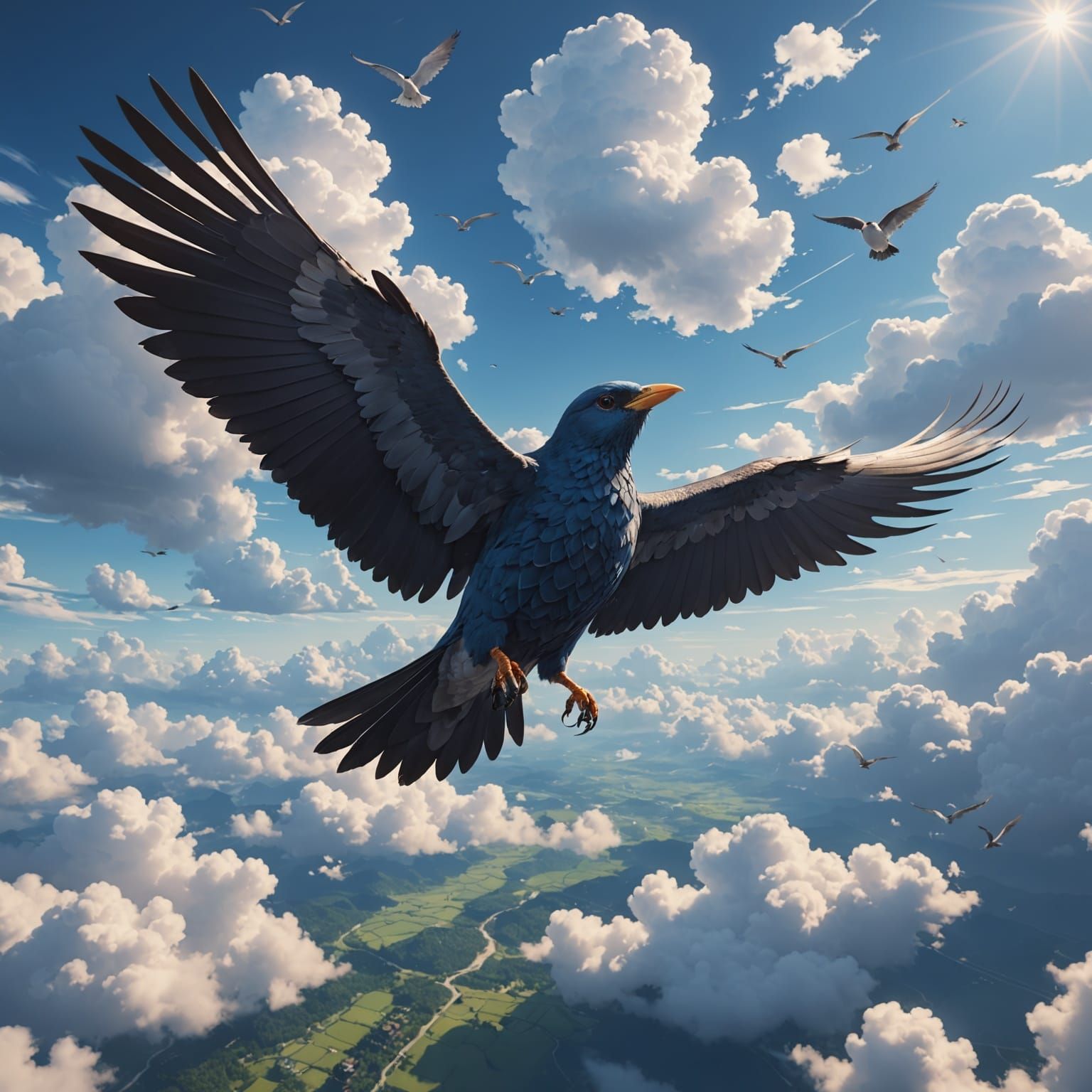 A Bird Soars Among Ethereal Clouds in Anime-Inspired 3D Art