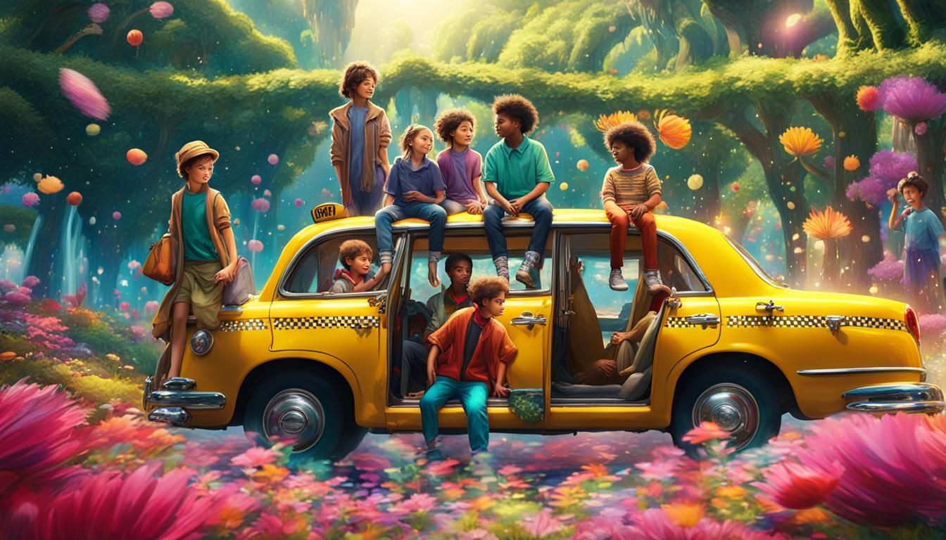 Shiny Taxi Through Sun-Dappled Forest in Fantasy Art