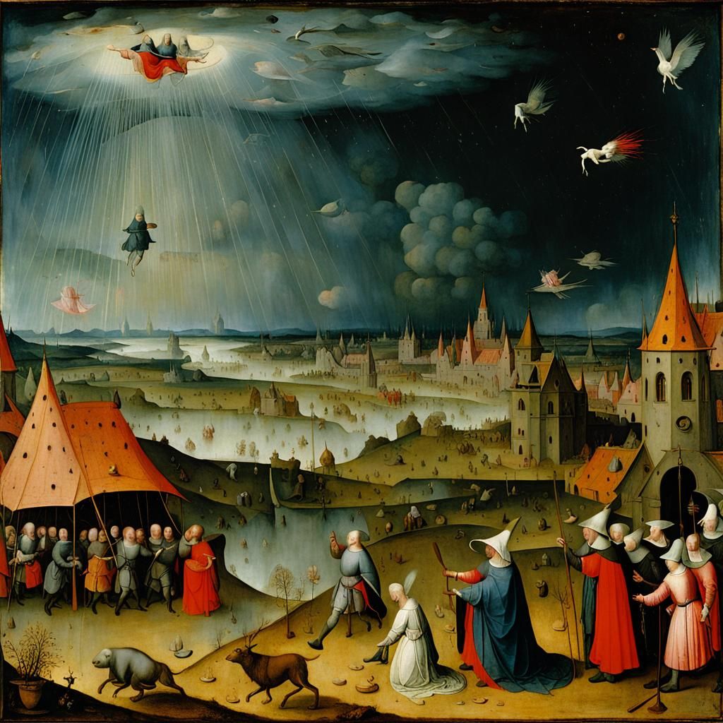 Epic Renaissance Scene with Magical Rain