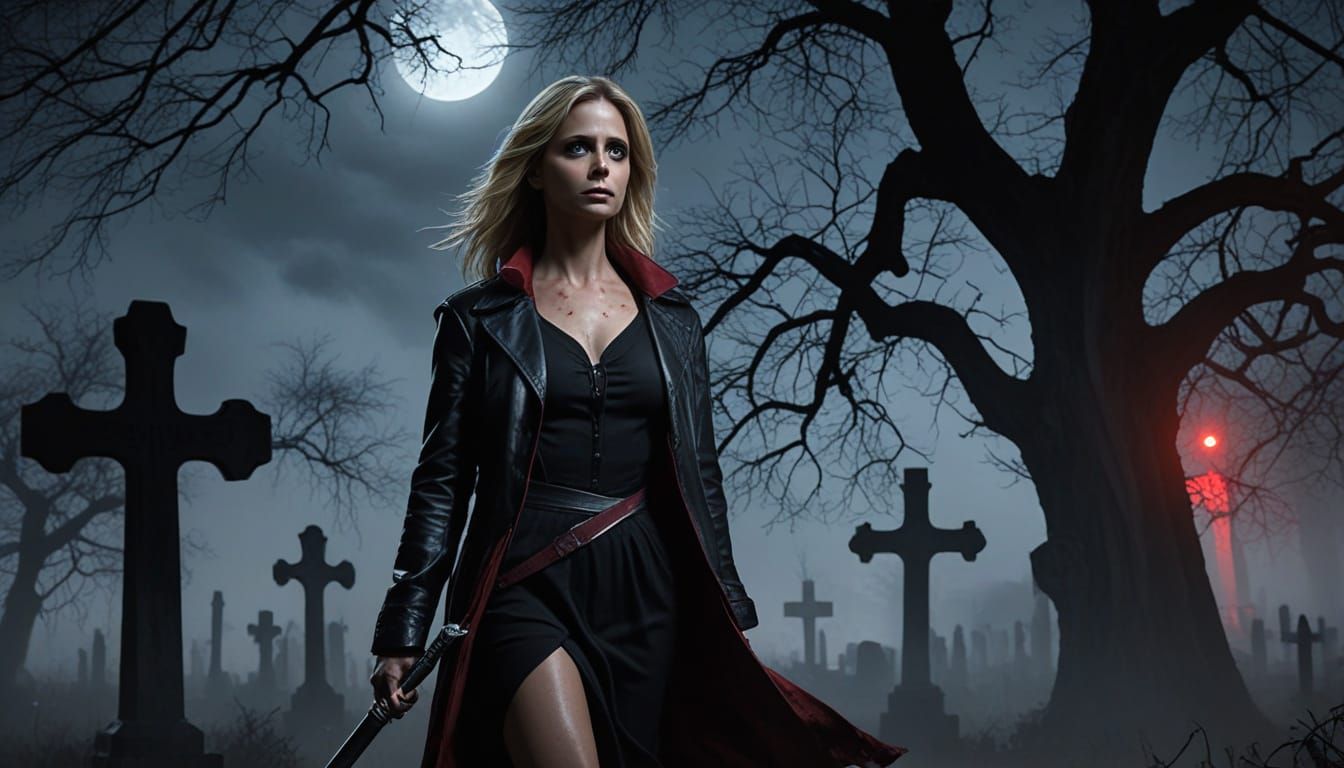 Dark Fantasy Buffy in a Misty Graveyard