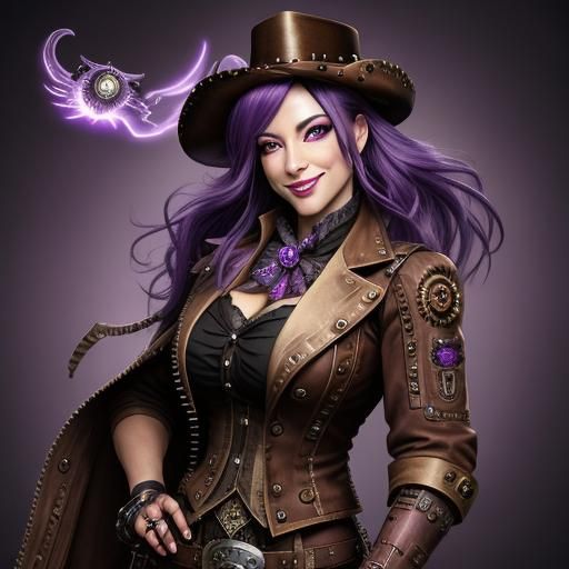 Steampunk Cowgirl with Purple Hair and Glowing Eyes