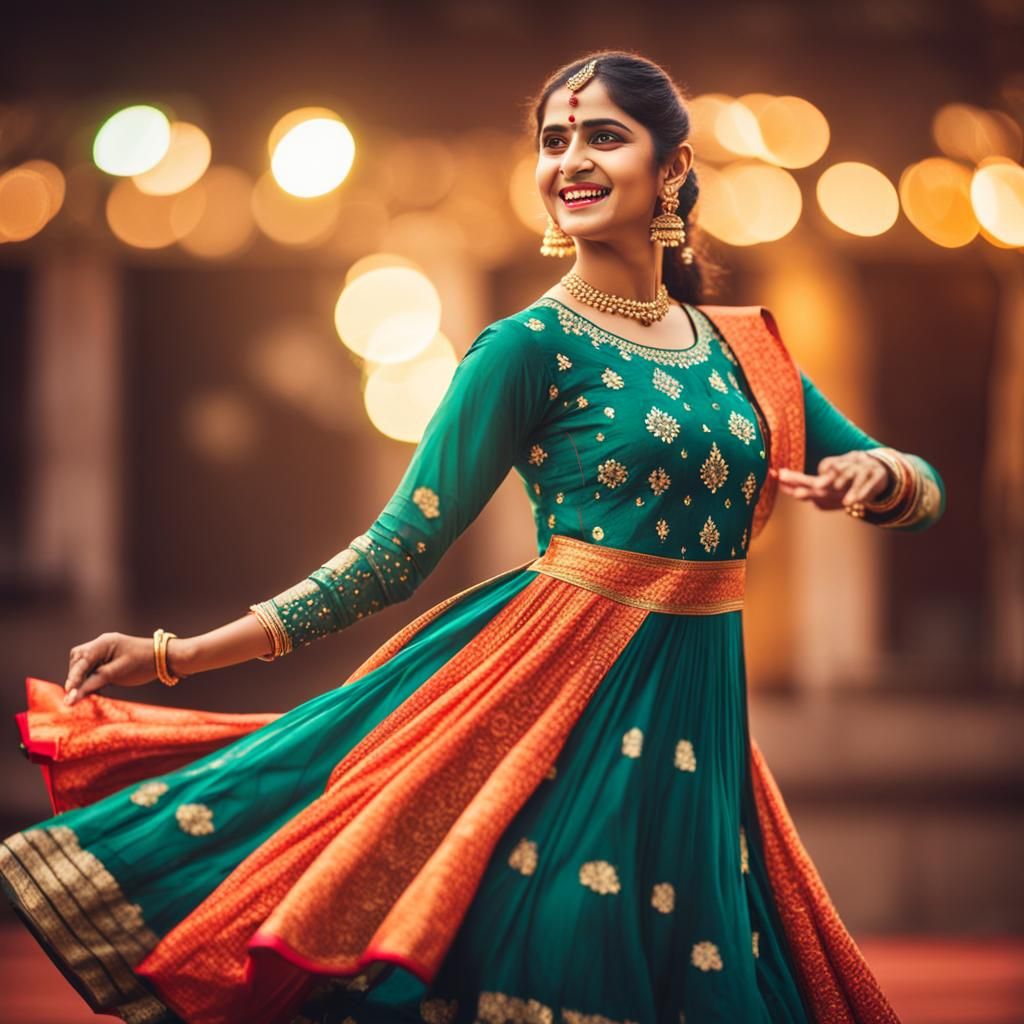 Indian woman performing Indian traditional Kathak dance form wearing anarkali kurti outfit